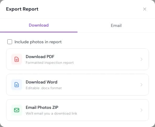 PCRPro Export Report dialog with options to download a PDF, download a Word document or email a ZIP of photos