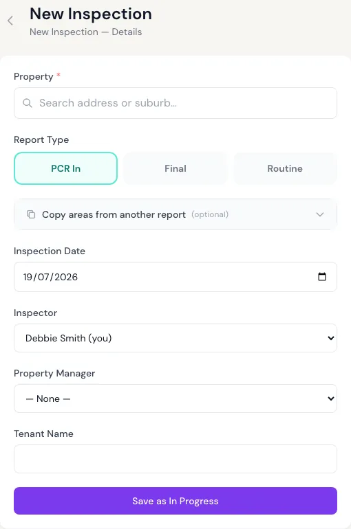 PCRPro new inspection form with PCR In, Final and Routine report types and an option to copy areas from another report